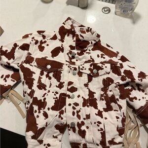 Brown and White Cowprint Denim Jacket
